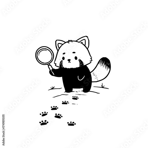 Red panda detective holding a magnifying glass following paw prints in a black and white illustration