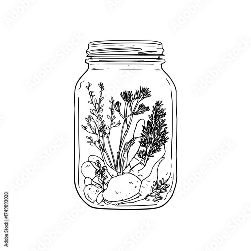 Line art illustration of a mason jar filled with root vegetables and herbs in a black and white style