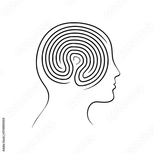 Head profile with a maze design inside the head representing thought process and mental complexity shown