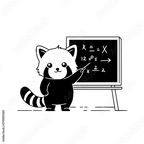 Red panda teaching math with a pointer in front of a blackboard with equations and a striped tail shown