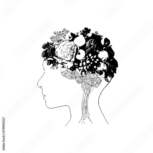 Stylized profile of a woman with a brain composed of floral and vegetable elements in black and white art