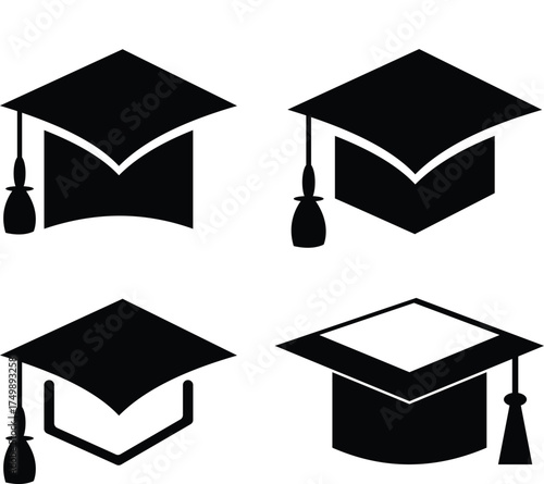 Graduation Cap Set Vector – Academic Hat Icons for Education, Learning, and Success Illustration