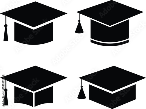 Graduation Cap Set Vector – Academic Hat Icons for Education, Learning, and Success Illustration