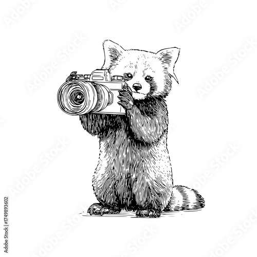 Red panda standing and holding a camera with a large lens in a black and white sketch illustration