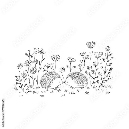 Two hedgehogs facing each other with noses touching surrounded by flowers and grass in black and white line art