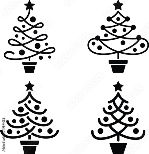 Four black line art vector Christmas trees with stars and ornaments in pots holiday decoration