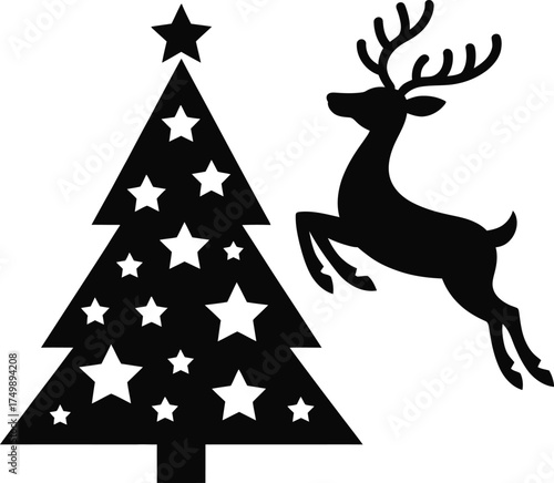 Black silhouette of a Christmas tree with stars and a leaping reindeer vector