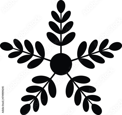 Black snowflake with five branches and oval leaves vector white winter