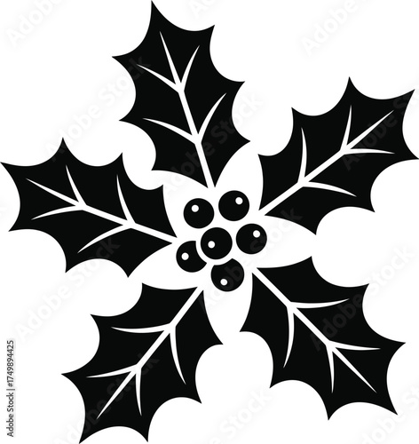 Black silhouette of holly leaves and berries on white background vector