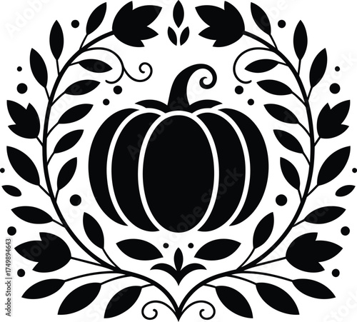 Black pumpkin and floral motif silhouette vector on white background squash autumn