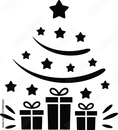 Black Christmas tree with stars and gift boxes icon vector