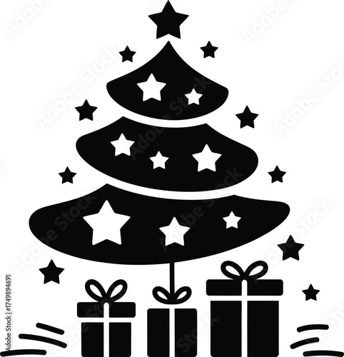 Black and white stylized Christmas tree with stars and gifts vector