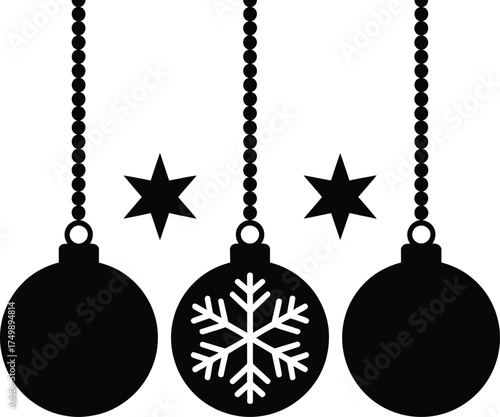 Black Christmas ornaments with snowflake and stars on white background vector