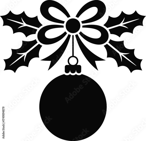 Black silhouette of a Christmas ornament with holly and bow decoration vector icon