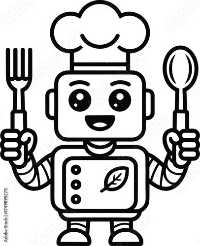 Cute robot chef with fork and spoon vector illustration coloring page on white background, cooking kitchen
