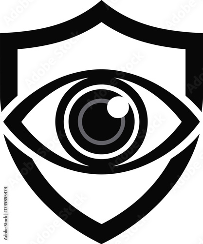 Black shield with stylized eye icon symbol on white background security protection