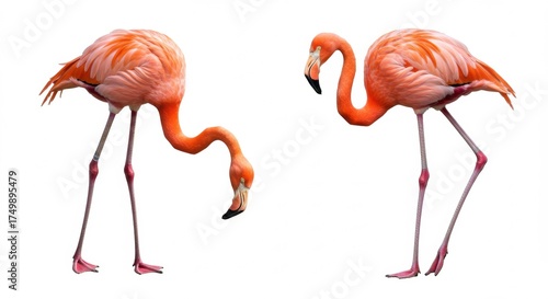 Two Elegant Pink Flamingos Standing Isolated on White Background