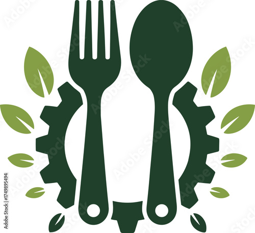 Dark green fork spoon gear logo design on white background