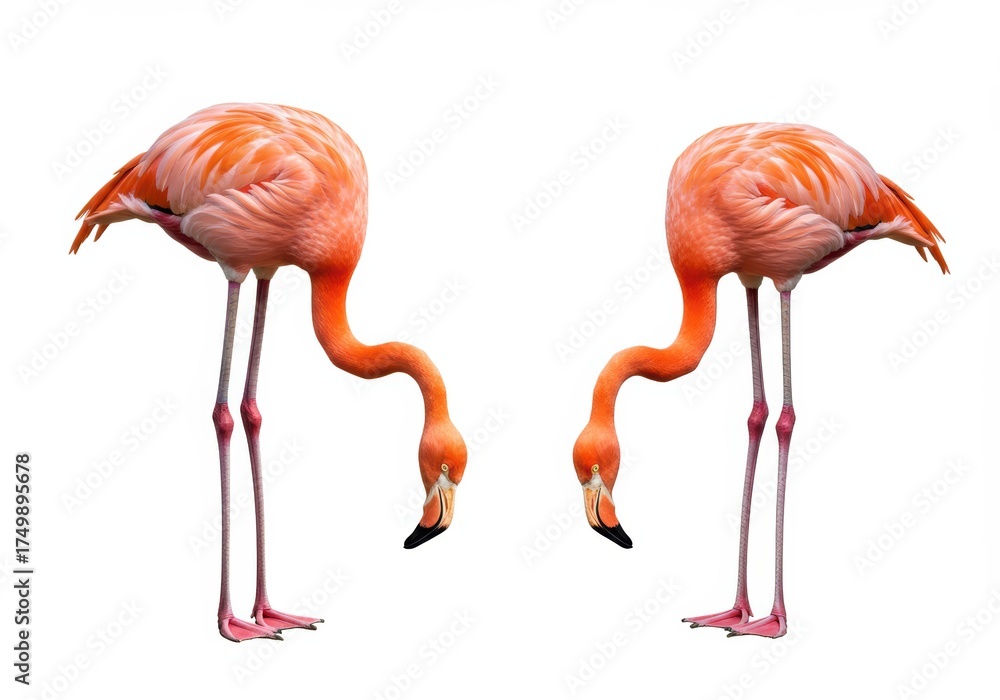 Obraz premium Two Elegant Pink Flamingos Standing Isolated on White Background