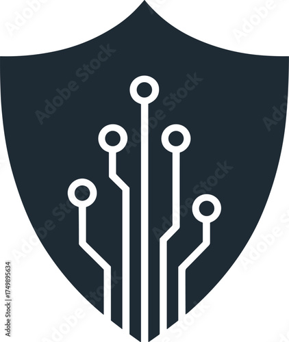 Dark blue shield with white circuit board lines and nodes security protection