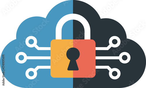 Digital cloud security lock with circuit connections and data nodes icon vector