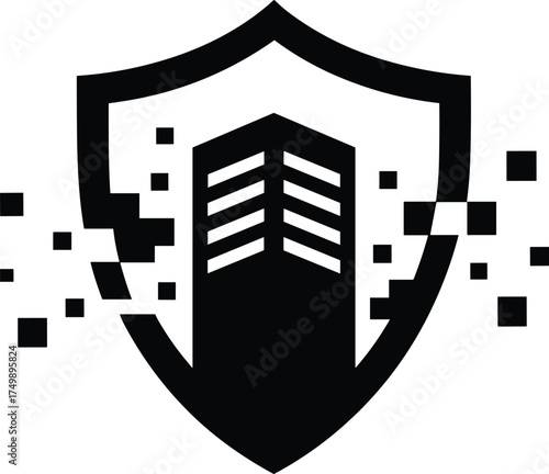 Black logo shield with pixelated building inside on white background security protection