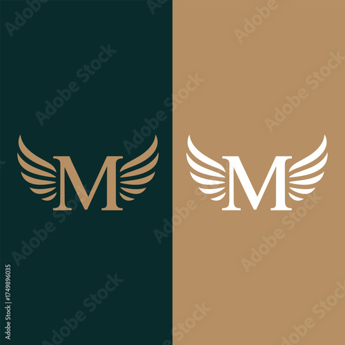 M letter logo with wings on dark teal and beige backgrounds emblem