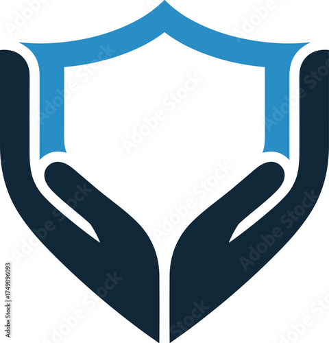 Blue shield shape held by dark hands logo graphic protection care