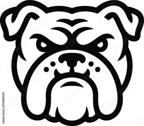 Black and white graphic illustration of a bulldog face with furrowed brow animal line art drawing