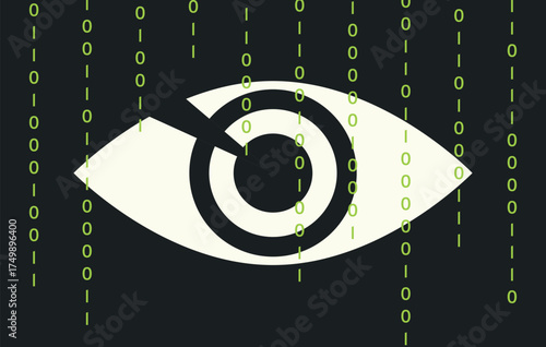 Digital code on background an eye. Concept social control population. Digital technologies. Symbol totalitarianism, dictatorship, machiavellianism. Authoritarian regime. Flat vector illustration.