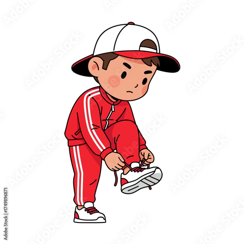 Young boy in red tracksuit tying shoelaces.