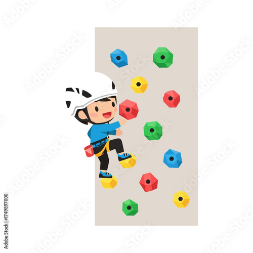 Cartoon child climbing indoor rock wall with colorful holds.