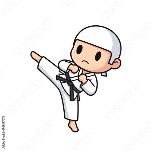Cute Cartoon Kid Practicing Karate Kick in White Gi.