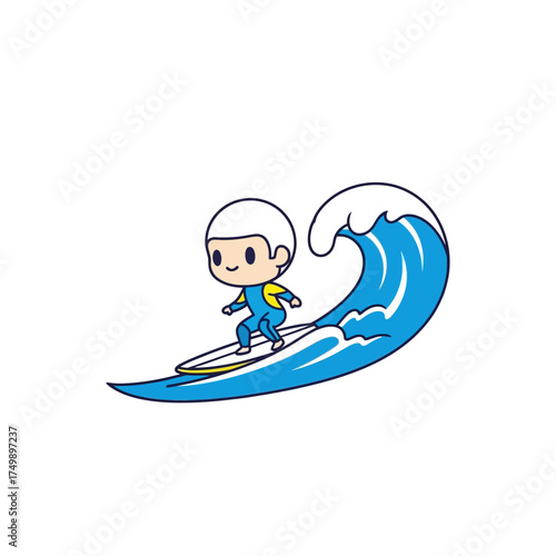 Cute Cartoon Character Surfing on a Big Blue Wave.