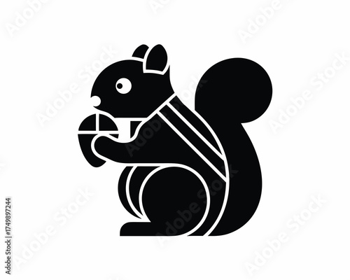 Squirrel eating nut icon and logo silhouette illustration isolated on white background