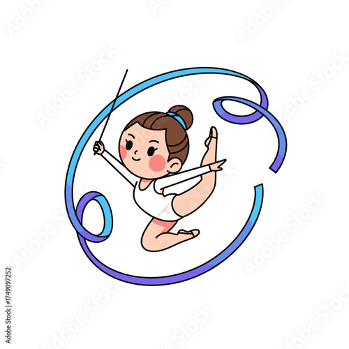 Gymnast performing rhythmic gymnastics with a ribbon in a graceful pose.