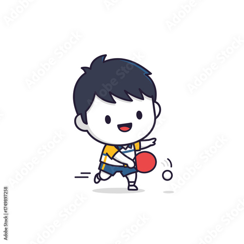 Cute cartoon boy playing table tennis with a paddle and ball.