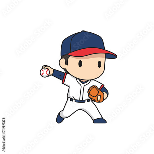 Cute cartoon chibi boy baseball player throwing a ball.