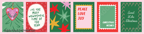 Funky Christmas and  New Year greeting card set. Modern festive prints with heart ornament, stars, candy canes, and joyful quotes. Perfect holiday decor, posters, and gift templates.
