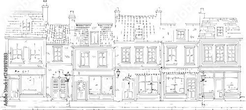 Detailed Line Art Illustration of a European Street with Historic Buildings and Shops