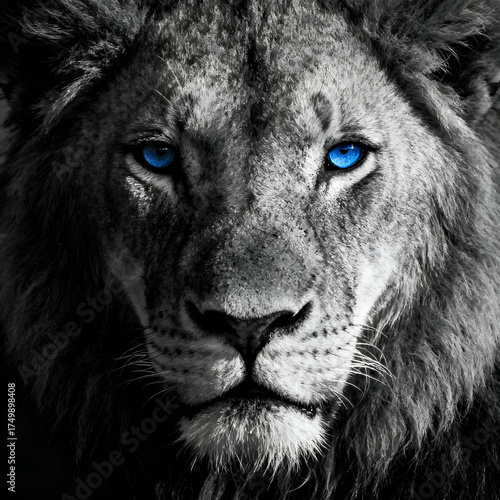A black and white lion with striking blue eyes staring ahead