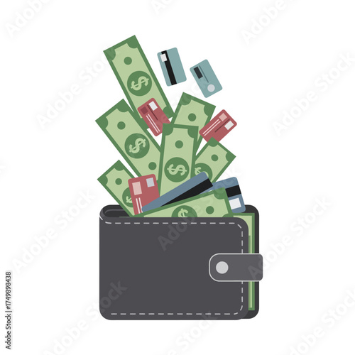 Wallet overflowing with money and credit cards illustration.