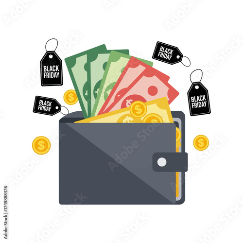 Black Friday Wallet Full of Money and Coins.