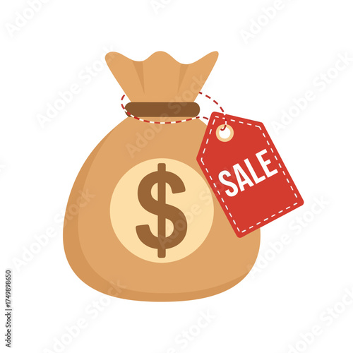 Money Bag with Sale Tag Icon Representing Discounted Financial Savings.