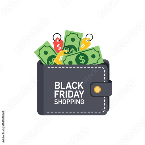 Black Friday Shopping Wallet Overflowing with Money and Price Tags.