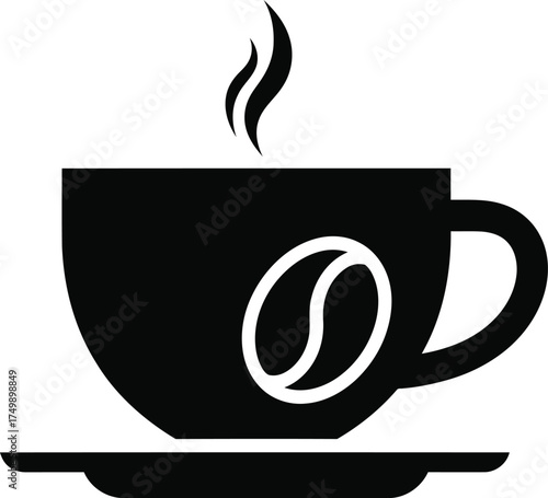 Steaming coffee cup with coffee bean icon on saucer