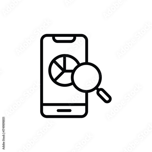 Mobile phone screen displaying a pie chart with a magnifying glass for data analysis