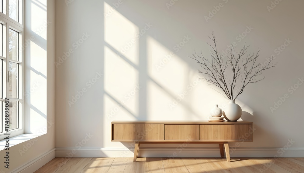 Fototapeta premium Minimalist room with light wooden furniture, bare tree branch in vase, and window light casting shadows. Space for text. Scandinavian interior style home.