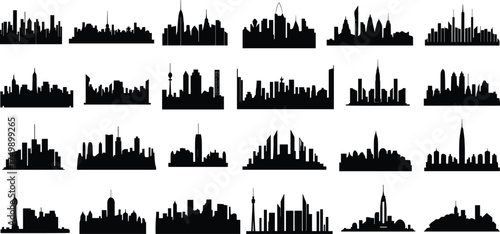 City skyline silhouettes collection, urban architecture shapes, modern cityscape vector design, black city outlines, skyline buildings, metropolitan horizon illustration