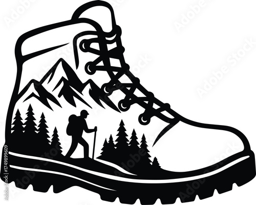 Hiking Boot Mountain Scene | Hiking Silhouette Clipart | Adventure Hiker	
